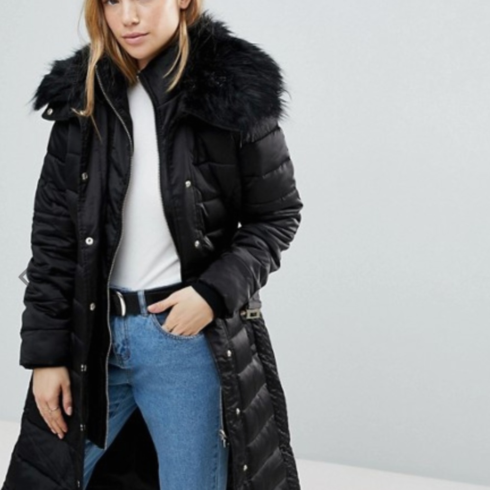 Black Puffer Jacket Faux Fur Collar